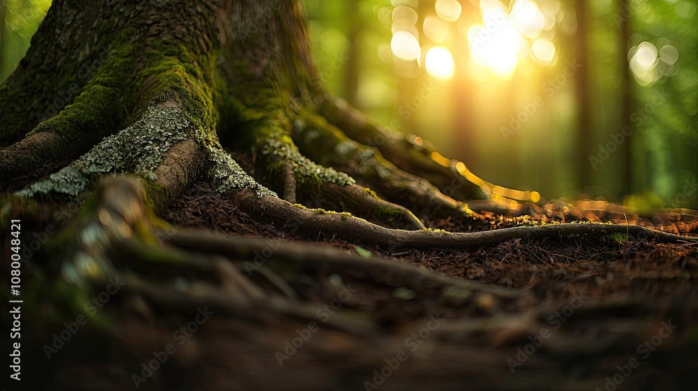 Aufkleber tree roots emerging from soil in a sunlit forest setting.
