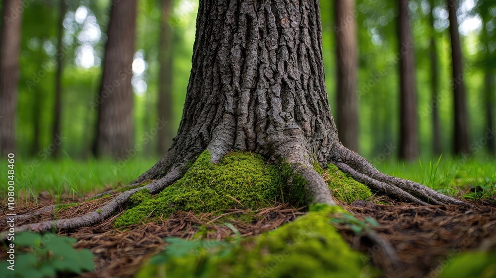 Poster close-up view of a tree trunk with moss on its roots in a lush forest setting.