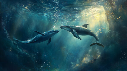 Obraz premium Oceanic Grace: Whales Meeting in an Ethereal Underwater Scene