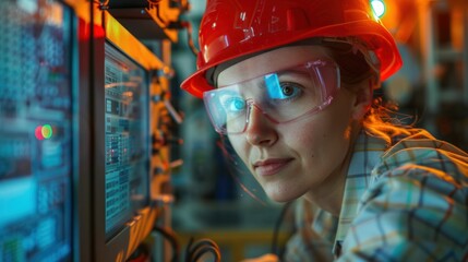 A focused technician in a hard hat and safety glasses works on equipment in a tech environment.