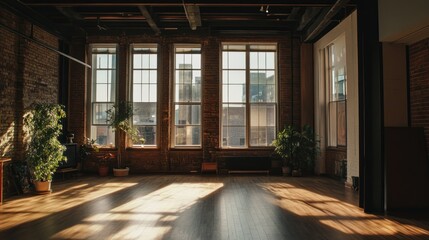 Obraz premium Sunbeams Streaming Through Windows in a Brick Loft Interior