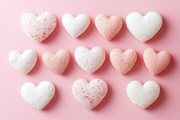 Obraz premium Abstract heart shapes with soft white glow on a pastel pink background.