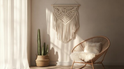 A cozy corner with a handwoven macrame wall hanging in neutral colors