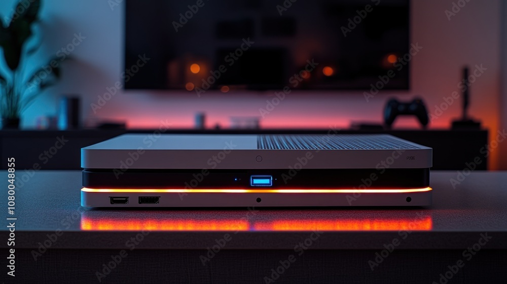 Poster a modern gaming console with illuminated features on a table.