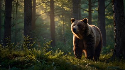 Bear Standing on Hind Legs in Dense Forest at Golden Hour - Generated by AI.