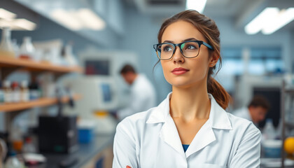 Fototapeta premium A young Woman in White Coat and Glasses Standing in Medical Science Laboratory Team of Specialists in the Background. 