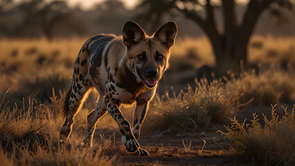 Agile Wild Dog Running Through African Savanna at Golden Hour - Generated by AI.
