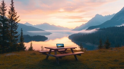 A serene outdoor workspace by the lake, featuring a laptop on a picnic table amidst breathtaking mountains and a tranquil sunset.
