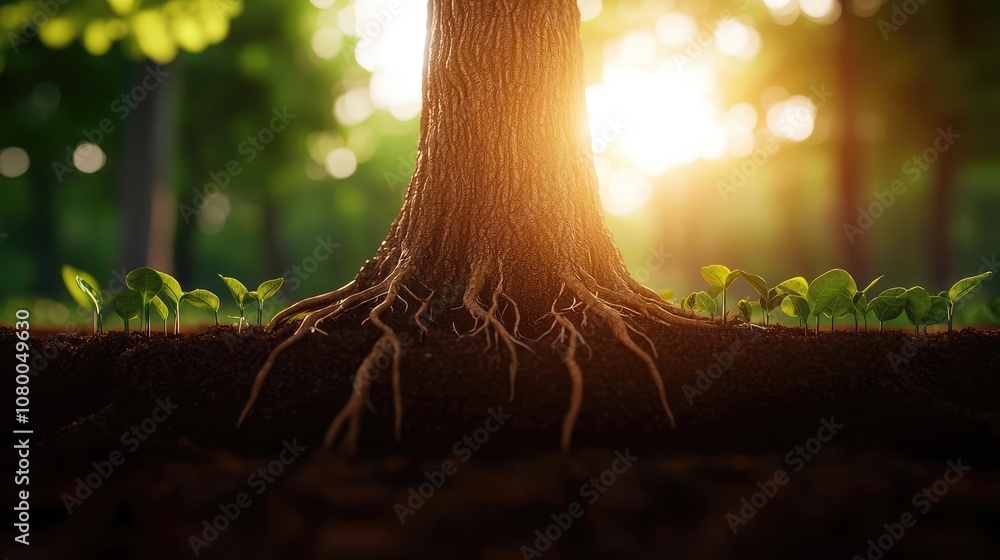 Aufkleber tree roots emerging from soil under sunlight in a serene forest setting.