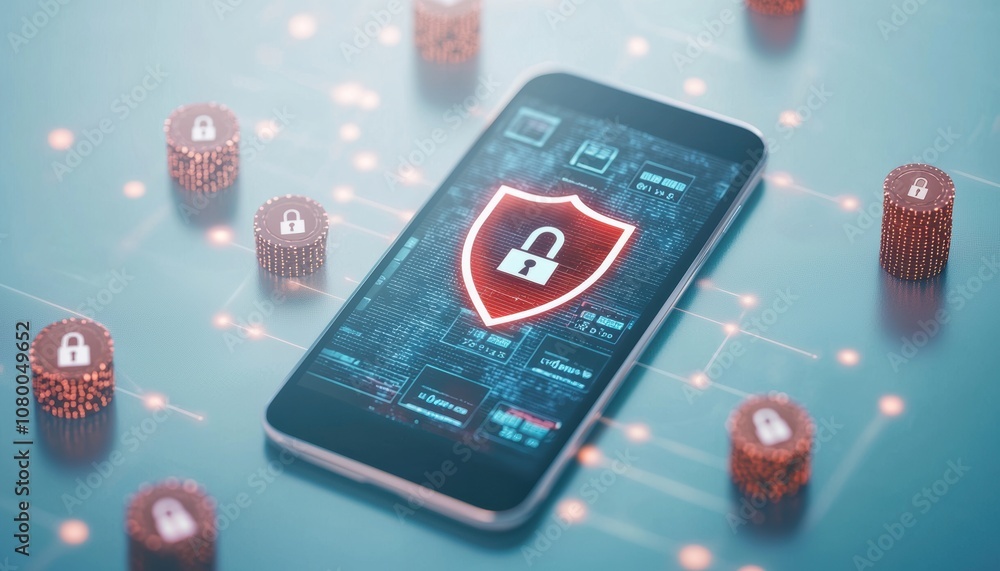 Poster a smartphone displaying a digital security interface with lock icons, representing cybersecurity and