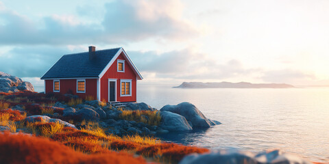 Cozy Red Cottage by the Sea in Tranquil Nordic Landscape