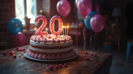 Birthday cake with lit candles and balloons for a 20th birthday celebration.