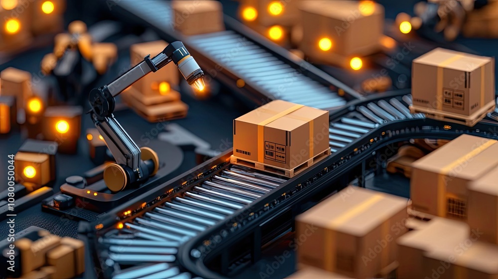 Poster automated packaging system with robotic arm and illuminated conveyor belt.
