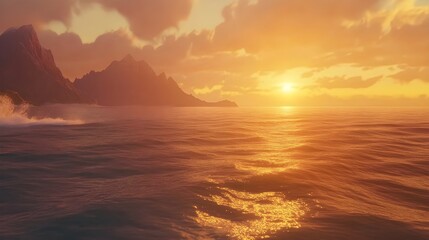 Obraz premium Soft waves of the ocean under a sunset sky, with warm hues reflecting on the water, creating a tranquil and immersive background.