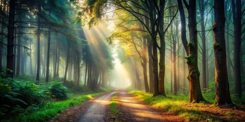 Misty shadows slink through a forest trail, cloaked in fog, creating an ambiance of intrigue and disquiet, leaving an eerie sense of anticipation in the air.