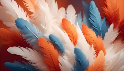 Obraz premium Plumas suaves y esponjosas en tonos de blanco, naranja y azul, creando un fondo abstracto cálido y texturizado