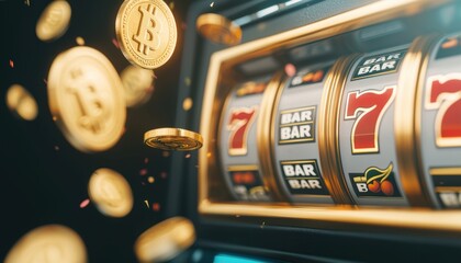 A vibrant close-up of a slot machine reflecting the excitement of gambling with flying coins and colorful symbols.