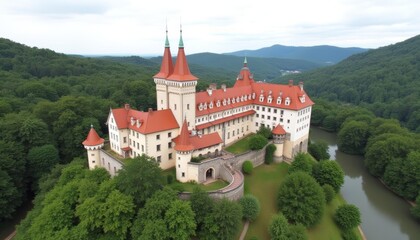 Obraz premium Enchanting castle nestled amidst verdant hills and tranquil waters