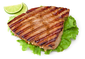 grilled sliced tuna steaks isolated on white background. clipping path