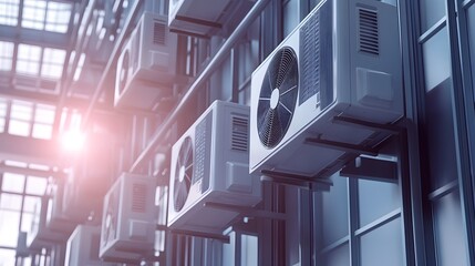 Obraz premium Solar-powered air conditioning systems using renewable energy for cooling in large buildings.