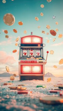 A vibrant slot machine surrounded by colorful tokens, evoking the excitement of gaming and chance in a playful landscape.