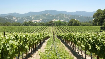Expansive Vineyard Landscape with Mountains in the Background