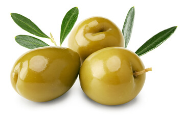 green olives with green leaves isolated on white background. clipping path
