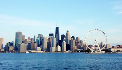  Iconic cityscape with Ferris wheel and skyline at sunset
