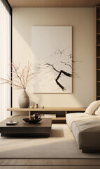 Minimalist Living Room Interior Design with Wooden Furniture and Japanese Art Print