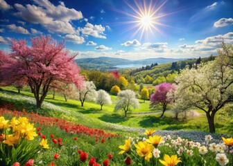 Naklejka premium In springâ€™s embrace, radiant flowers bloom against lush green landscapes, while a clear blue sky enhances the vivid colors and natural beauty around.