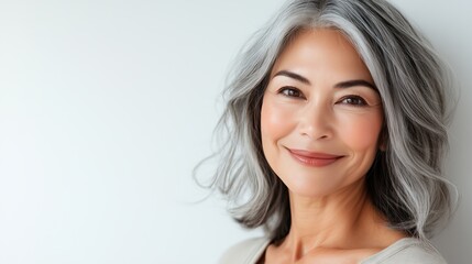 Naklejka premium Portrait of an attractive middle aged woman, closeup on grey background