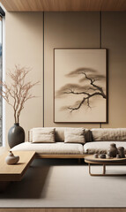 Minimalist Living Room Interior Design with Beige Sofa and Tree Branch Artwork