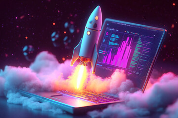 Colorful rocket launching from a laptop, with a futuristic digital workspace background. Represents successful startup and business development.