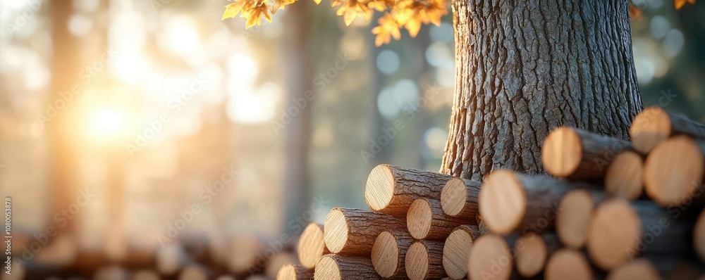 Poster tree stump with logs in a sunlit forest setting, warm and inviting atmosphere.
