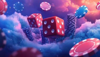 Colorful dice and poker chips float above a dreamy cloud background, evoking a whimsical atmosphere of chance and excitement.