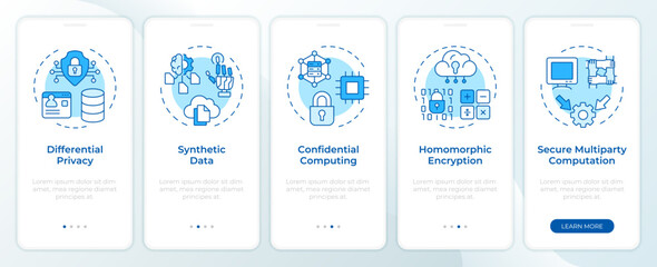 Privacy-enhancing technologies blue onboarding mobile app screen. Walkthrough 5 steps editable graphic instructions with linear concepts. UI, UX, GUI template. Montserrat SemiBold, Regular fonts used