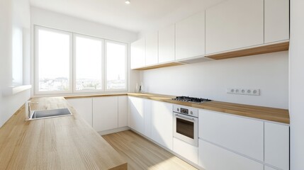A minimalist kitchen with white cabinets, a wooden countertop, and open shelving
