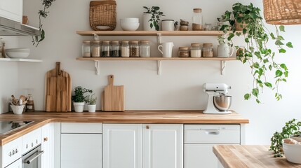 A minimalist kitchen with white cabinets, a wooden countertop, and open shelving