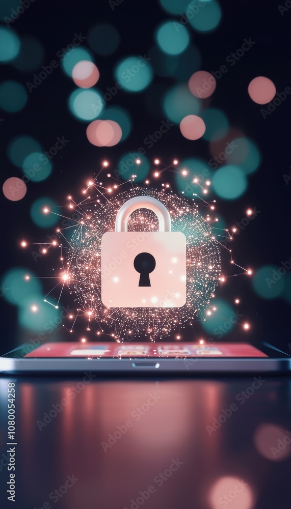 Poster digital security concept featuring a glowing padlock in a tech-inspired design, symbolizing protecti