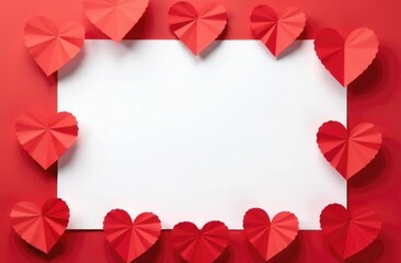 Valentine's Day mockup with red paper hearts on a red background and a blank white sheet in the center for romantic messages or greetings. DIY love card template for heartfelt expressions
