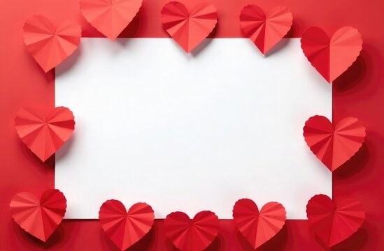 Valentine's Day mockup with red paper hearts on a red background and a blank white sheet in the center for romantic messages or greetings. DIY love card template for heartfelt expressions