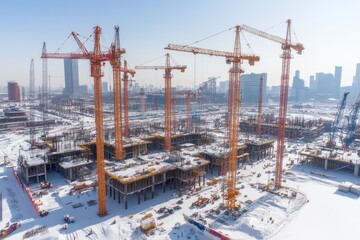 Construction site bustling with activity and cranes in a winter landscape showcasing urban development and progress