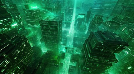 A futuristic cityscape illuminated in green, showcasing advanced technology and architecture.