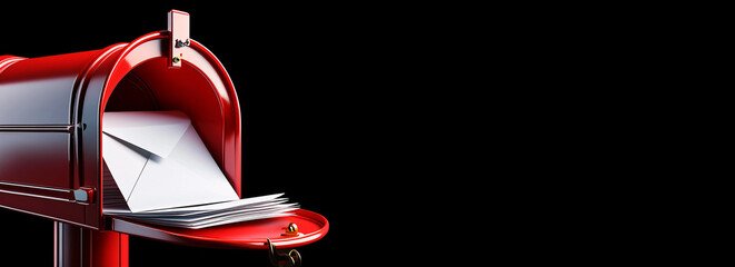 Extreme close-up of an open red letter box with white envelopes inside, isolated on a black background with copy space, blank wide banner, template. Generative Ai.