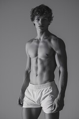 Fototapeta premium Classic Male Model in White Briefs Posing Confidently with Defined Physique and Striking Expression in Minimalist Black and White Image