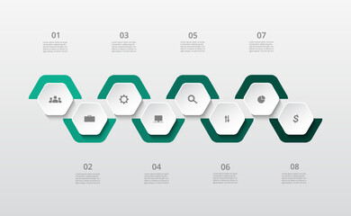 Step by step creative infographic template with 8 steps, options, parts or processes.
