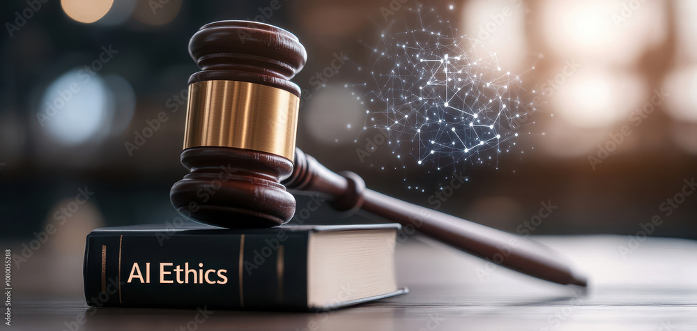 Poster close up of judge gavel resting on book titled ai ethics, symbolizing intersection of law and techno