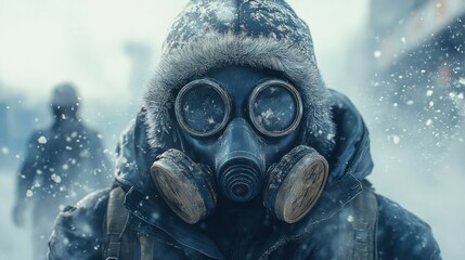 Mysterious figure in a gas mask braving a harsh winter landscape, surrounded by swirling snow. Perfect for post-apocalyptic, survival, or winter exploration them
