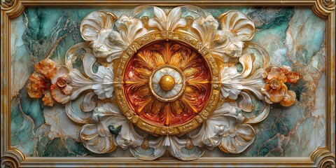 Baroque, Barocco Ornate Marble Ceiling Non-Linear Reformation Design with Intricate Accents Depicting Classic Elegance and Architectural Beauty