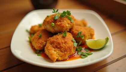 Fototapeta premium Deliciously goldenbrown fried chicken bites served with a tangy sauce and fresh lime wedge